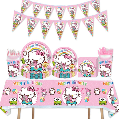 Hello Kitty Theme Baby Shower Girls Party Supplies Paper Cup Plate Tablecloth Kids Birthday Party Banner Wedding Decor Balloons