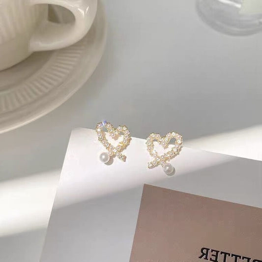 Cute Crystal Pearl Love Heart Stud Earrings For Women Korean Fashion Jewelry Wholesale Wedding Earring Boucle Oreille Femme