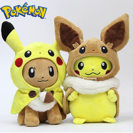 TAKARA TOMY Pokemon Plush Toys Pikachu Cosplay Eevee Plush Game Stuffed Dolls Eevee with Cloak Cos Pikachu Toy Kids Gift